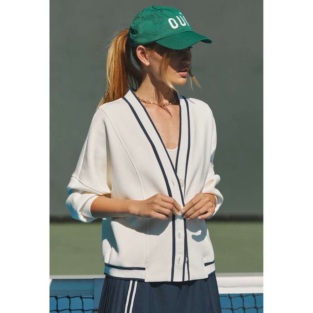 Varley Decker Off-Court Cardigan L White Brown Trim Oversized Preppy